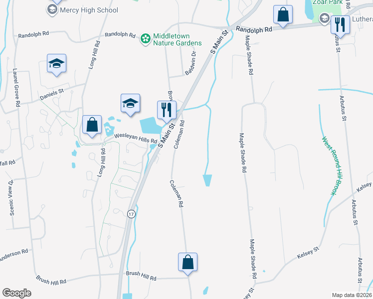 map of restaurants, bars, coffee shops, grocery stores, and more near 100 Coleman Road in Middletown