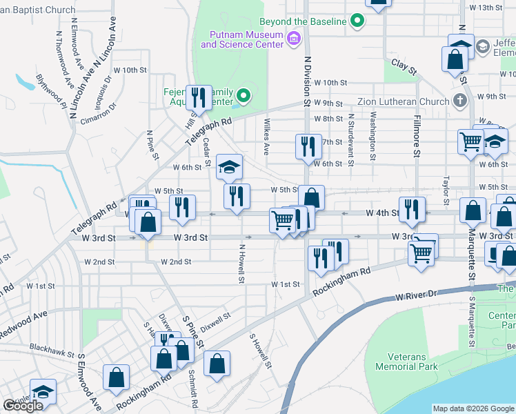 map of restaurants, bars, coffee shops, grocery stores, and more near 1829 West 4th Street in Davenport