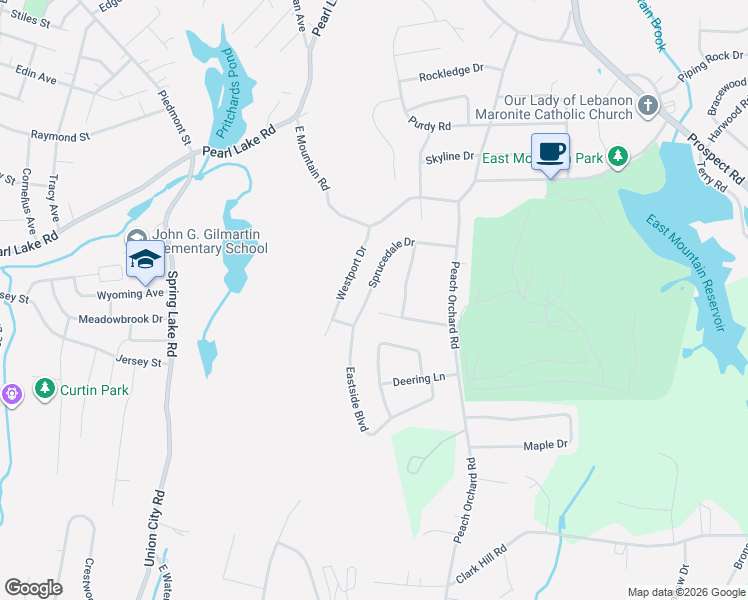 map of restaurants, bars, coffee shops, grocery stores, and more near 147 Sprucedale Drive in Waterbury