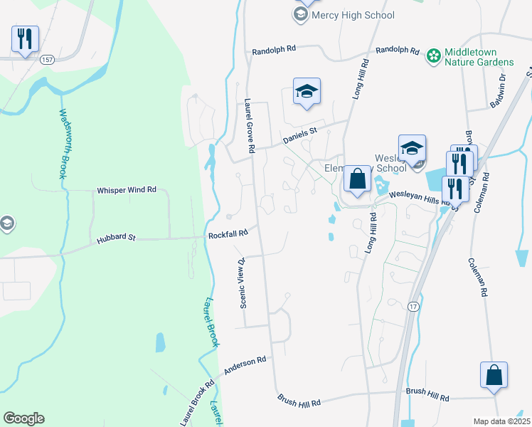 map of restaurants, bars, coffee shops, grocery stores, and more near 2 Canterbury Court in Middletown