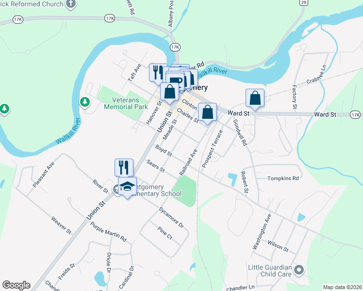 map of restaurants, bars, coffee shops, grocery stores, and more near 75 Railroad Avenue in Montgomery