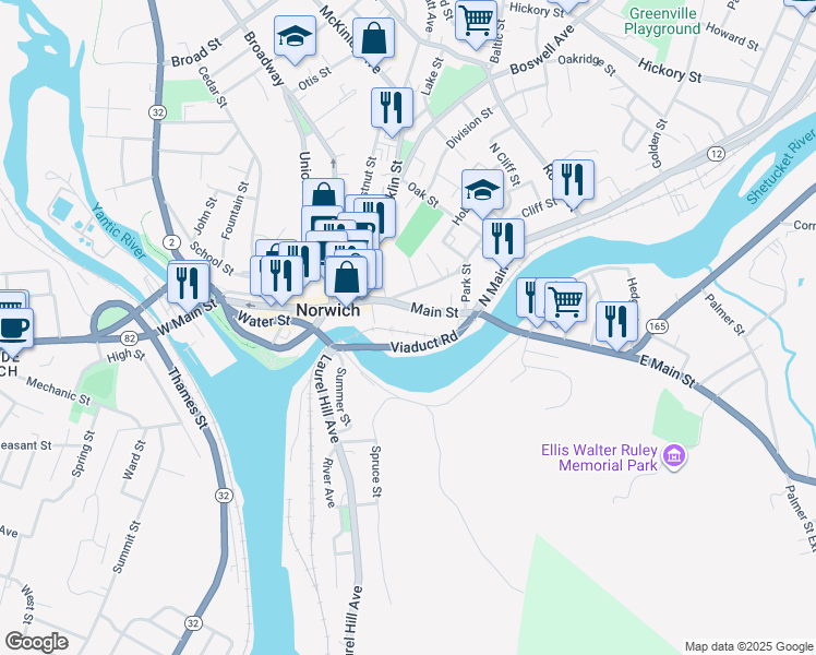 map of restaurants, bars, coffee shops, grocery stores, and more near 25 Railroad Avenue in Norwich