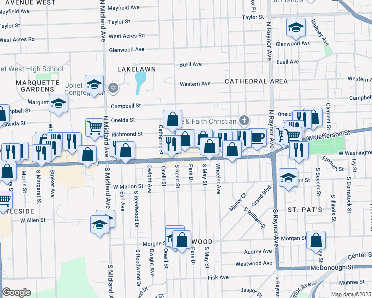 map of restaurants, bars, coffee shops, grocery stores, and more near 1020 John Street in Joliet