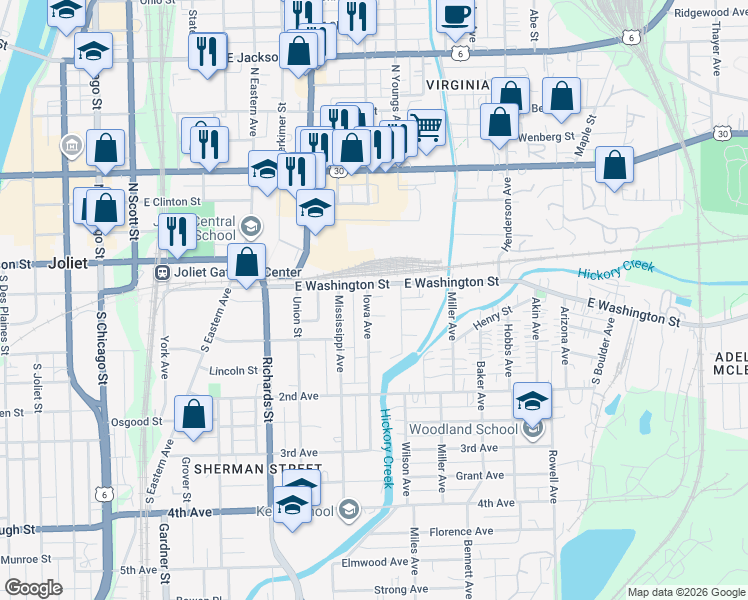map of restaurants, bars, coffee shops, grocery stores, and more near 10 Iowa Avenue in Joliet