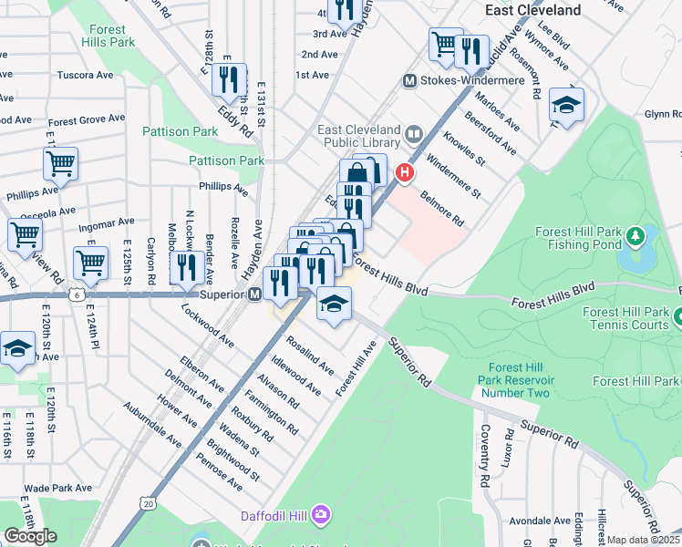 map of restaurants, bars, coffee shops, grocery stores, and more near 13618 U.S. 6 in East Cleveland