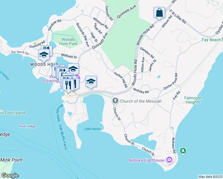 map of restaurants, bars, coffee shops, grocery stores, and more near 25 Fern Lane in Falmouth