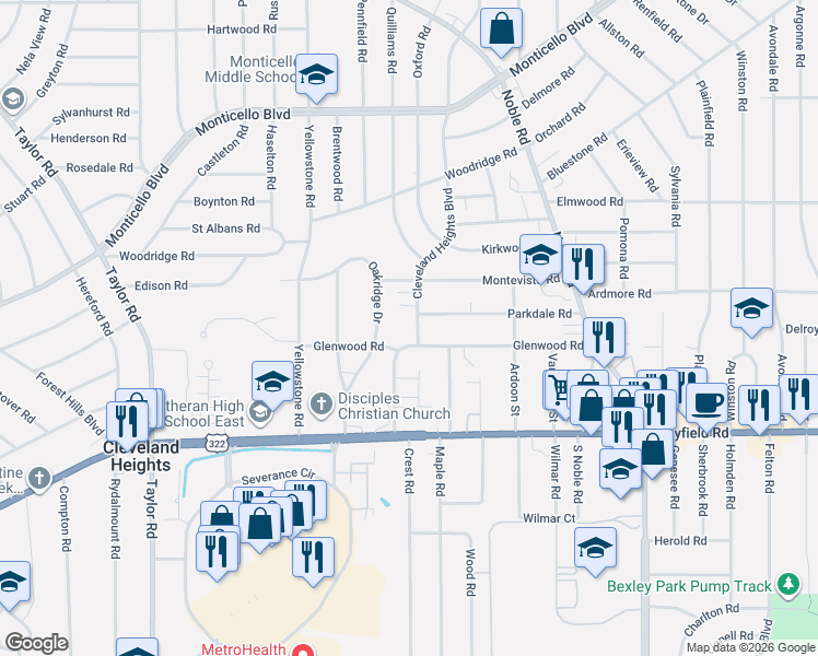map of restaurants, bars, coffee shops, grocery stores, and more near 1292 Cleveland Heights Boulevard in Cleveland Heights