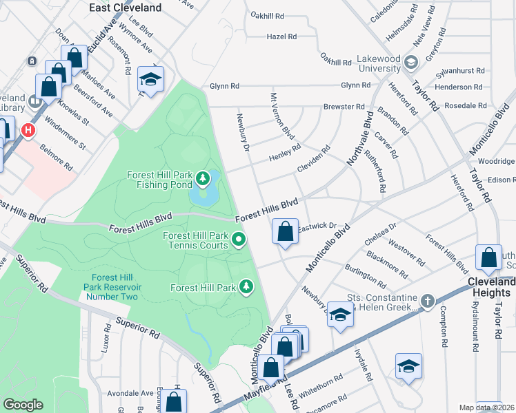map of restaurants, bars, coffee shops, grocery stores, and more near 2260 Newbury Drive in East Cleveland