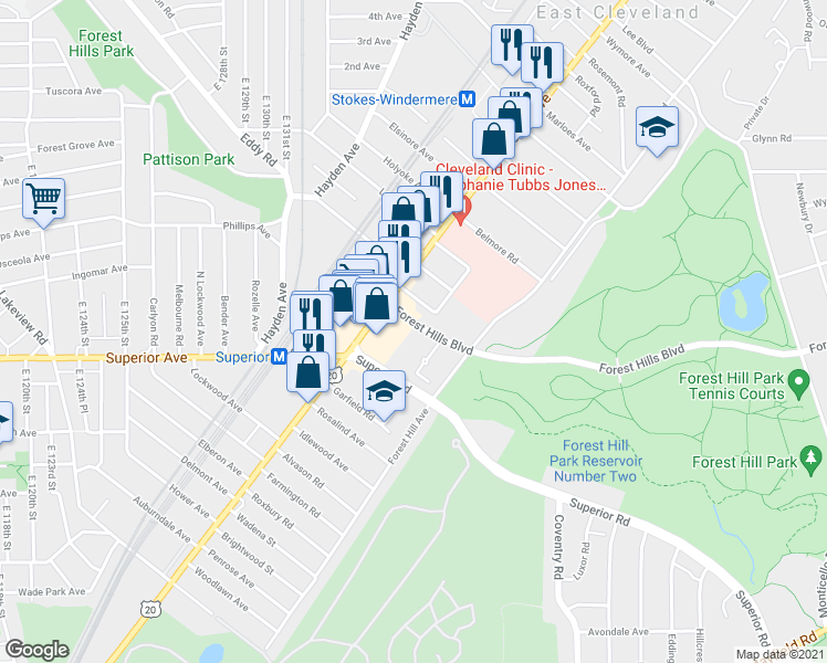 map of restaurants, bars, coffee shops, grocery stores, and more near 1831 Forest Hills Boulevard in East Cleveland