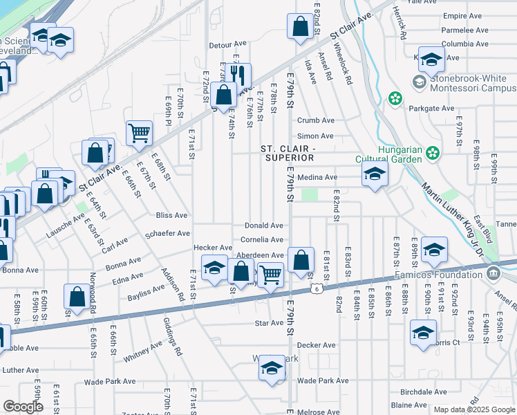 map of restaurants, bars, coffee shops, grocery stores, and more near 1119 East 76th Street in Cleveland