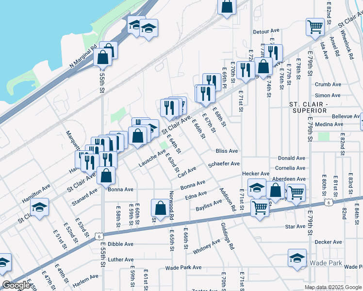 map of restaurants, bars, coffee shops, grocery stores, and more near 1052 Addison Road in Cleveland
