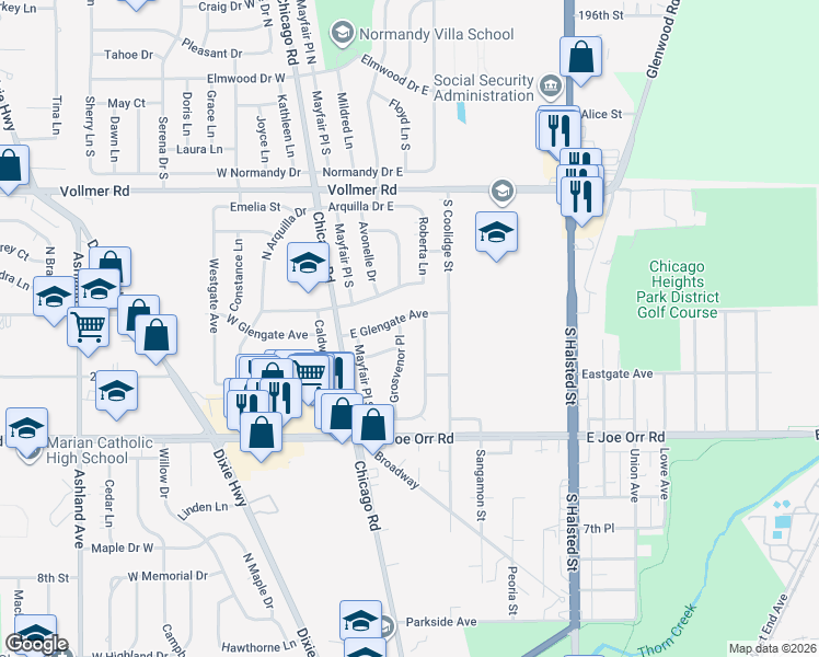 map of restaurants, bars, coffee shops, grocery stores, and more near 55 East Glengate Avenue in Chicago Heights