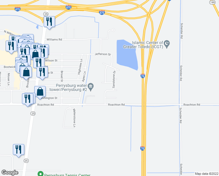 map of restaurants, bars, coffee shops, grocery stores, and more near 820 Wood Sorrel Lane in Perrysburg