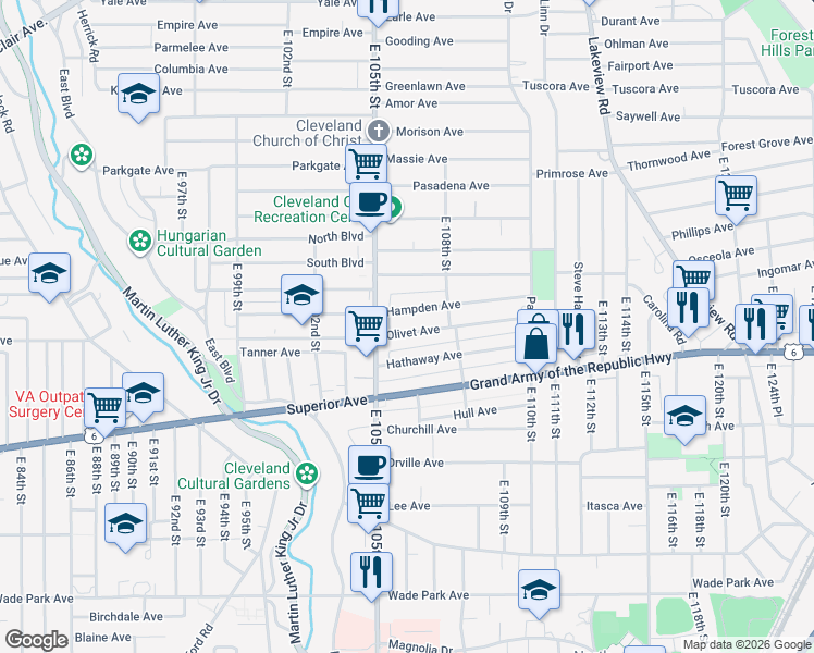 map of restaurants, bars, coffee shops, grocery stores, and more near 10703 Hampden Avenue in Cleveland