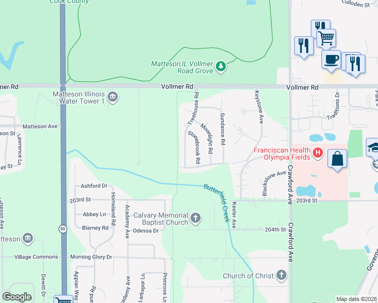 map of restaurants, bars, coffee shops, grocery stores, and more near 122 Stonebrook Road in Matteson
