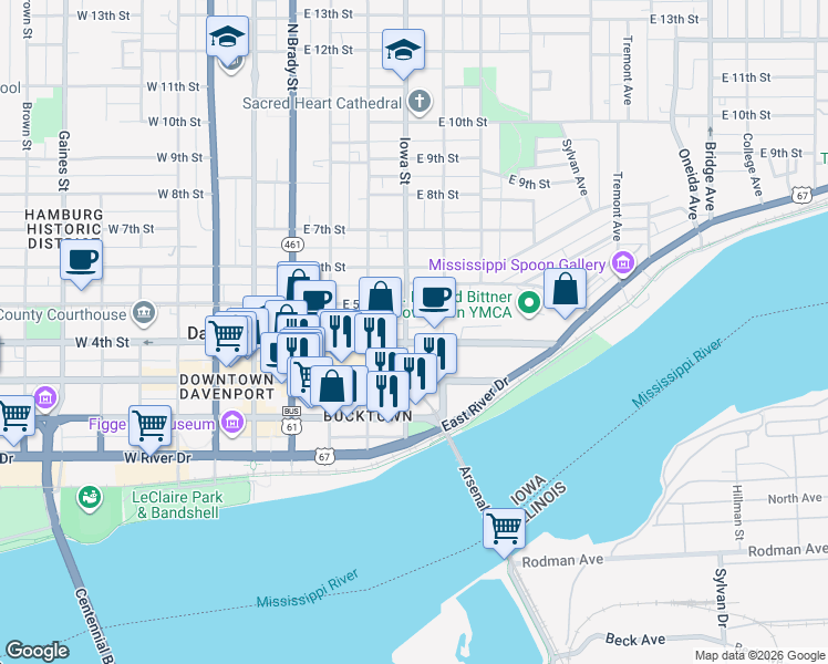 map of restaurants, bars, coffee shops, grocery stores, and more near 422 Iowa Street in Davenport