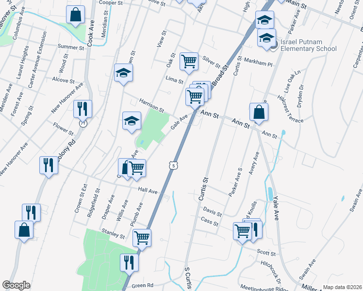 map of restaurants, bars, coffee shops, grocery stores, and more near 81 Broad Street in Meriden