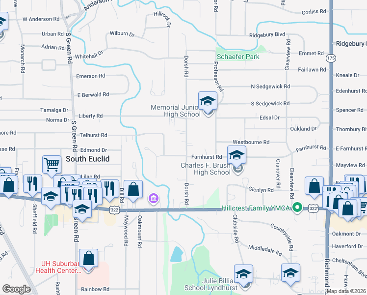 map of restaurants, bars, coffee shops, grocery stores, and more near 1332 Dorsh Road in South Euclid