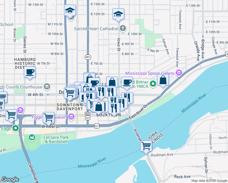 map of restaurants, bars, coffee shops, grocery stores, and more near 422 Iowa Street in Davenport