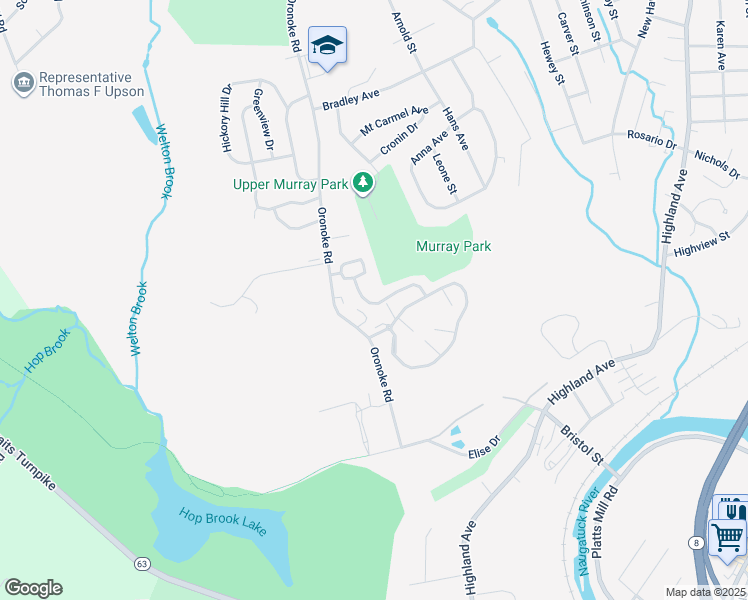 map of restaurants, bars, coffee shops, grocery stores, and more near 855 Oronoke Road in Waterbury