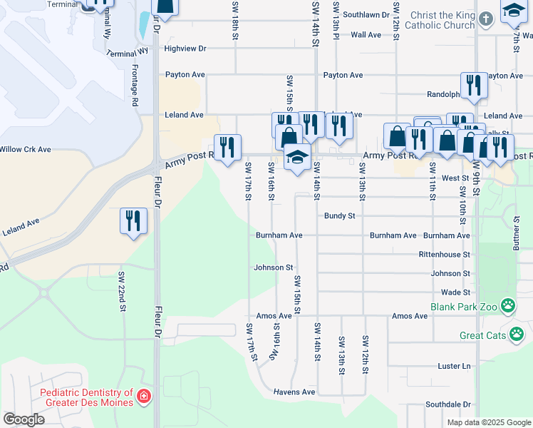 map of restaurants, bars, coffee shops, grocery stores, and more near 6612 Southwest 16th Street in Des Moines