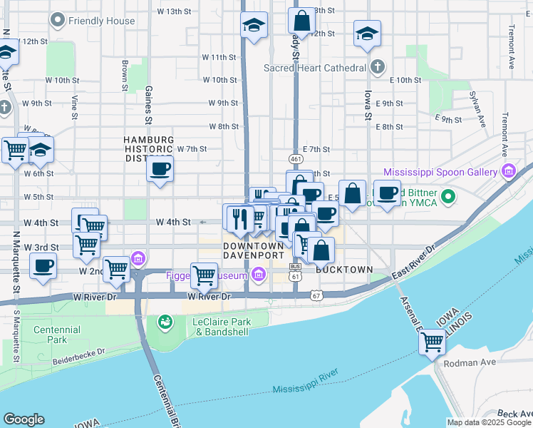 map of restaurants, bars, coffee shops, grocery stores, and more near 400 North Main Street in Davenport
