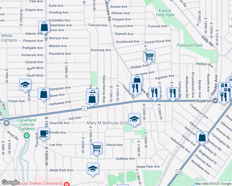 map of restaurants, bars, coffee shops, grocery stores, and more near 1224 East 114th Street in Cleveland