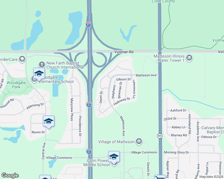 map of restaurants, bars, coffee shops, grocery stores, and more near 112 Stephens Street in Matteson