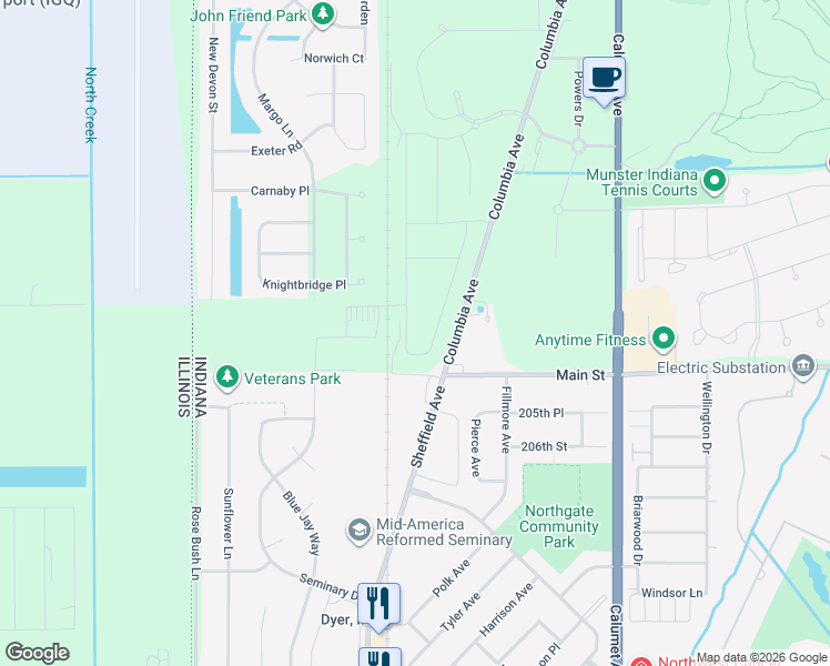 map of restaurants, bars, coffee shops, grocery stores, and more near 10360 Allison Road in Munster
