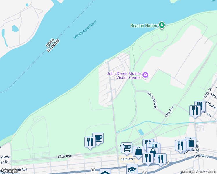 map of restaurants, bars, coffee shops, grocery stores, and more near 629 3rd Avenue in East Moline