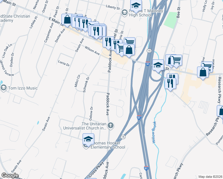 map of restaurants, bars, coffee shops, grocery stores, and more near 144 Paddock Avenue in Meriden