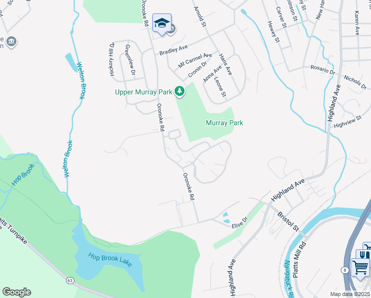 map of restaurants, bars, coffee shops, grocery stores, and more near 855 Oronoke Road in Waterbury