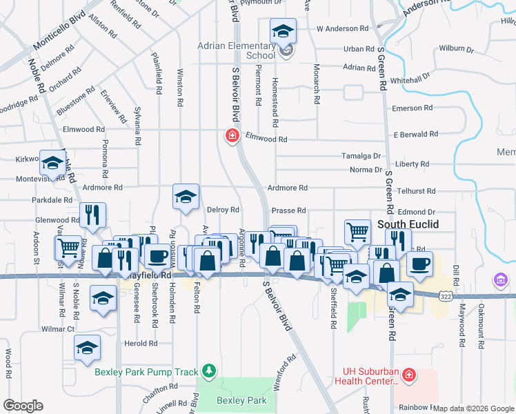 map of restaurants, bars, coffee shops, grocery stores, and more near 1300 South Belvoir Boulevard in South Euclid
