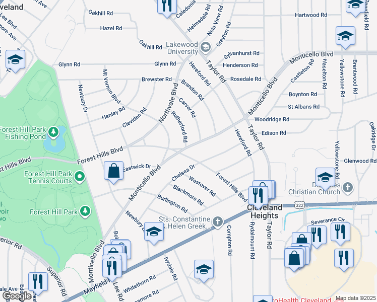 map of restaurants, bars, coffee shops, grocery stores, and more near 3315 Monticello Boulevard in Cleveland Heights