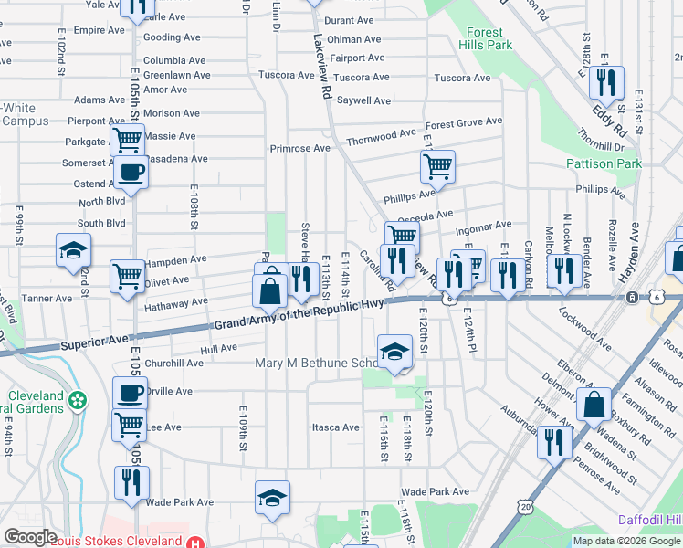 map of restaurants, bars, coffee shops, grocery stores, and more near 1224 East 114th Street in Cleveland