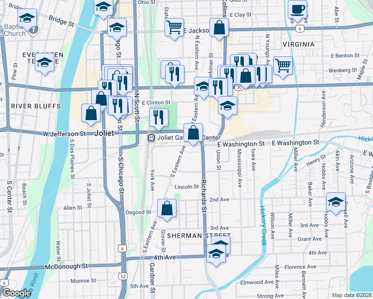 map of restaurants, bars, coffee shops, grocery stores, and more near in Joliet