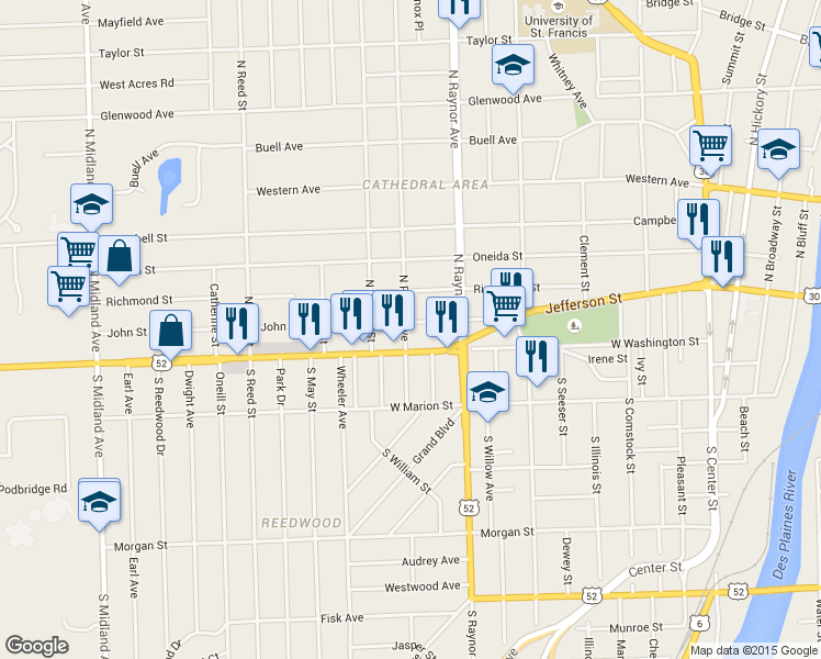 map of restaurants, bars, coffee shops, grocery stores, and more near 811 John Street in Joliet