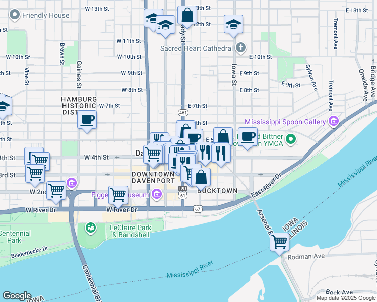 map of restaurants, bars, coffee shops, grocery stores, and more near 422 North Perry Street in Davenport