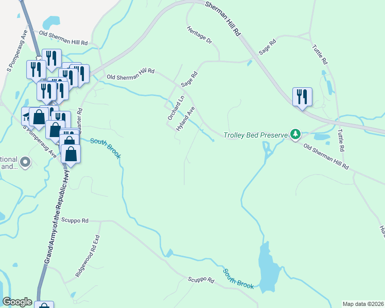 map of restaurants, bars, coffee shops, grocery stores, and more near 31 Sherman Heights Road in Woodbury