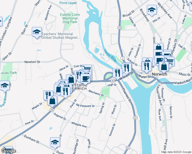 map of restaurants, bars, coffee shops, grocery stores, and more near 3 Fairmount Street in Norwich
