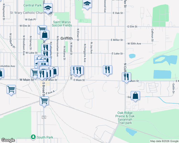 map of restaurants, bars, coffee shops, grocery stores, and more near 701-807 East Columbia Avenue in Griffith