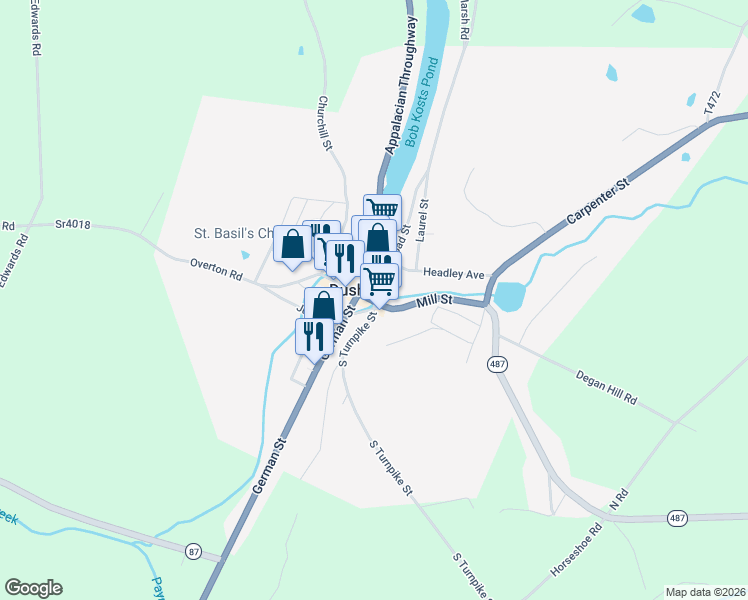 map of restaurants, bars, coffee shops, grocery stores, and more near 113 East Main Street in Dushore