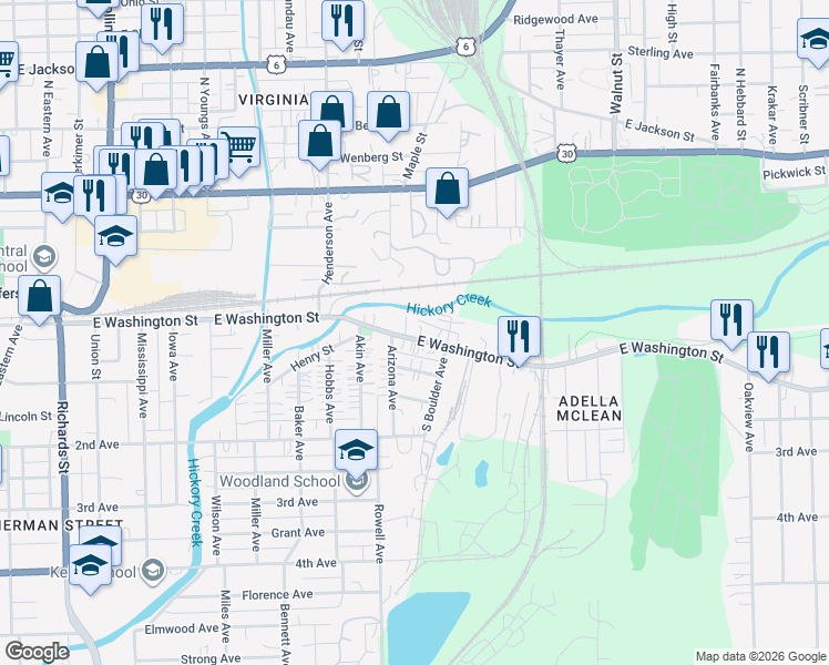 map of restaurants, bars, coffee shops, grocery stores, and more near 811 East Washington Street in Joliet