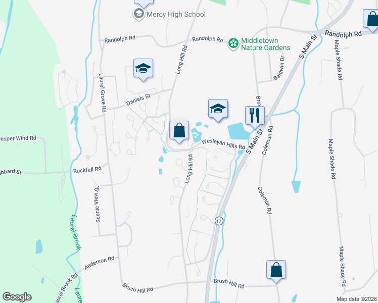 map of restaurants, bars, coffee shops, grocery stores, and more near 792 Long Hill Road in Middletown