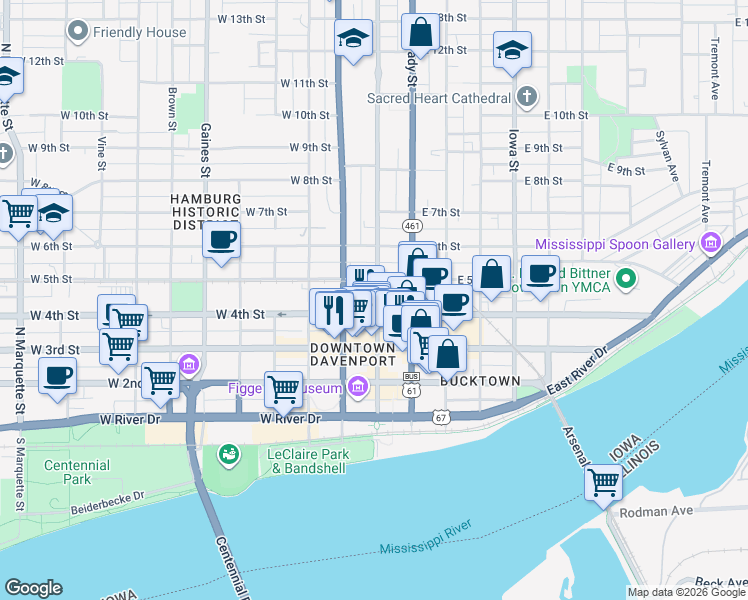 map of restaurants, bars, coffee shops, grocery stores, and more near 220 West 5th Street in Davenport