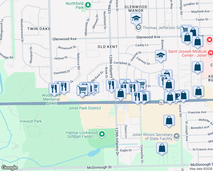 map of restaurants, bars, coffee shops, grocery stores, and more near 2818 Richmond Street in Joliet