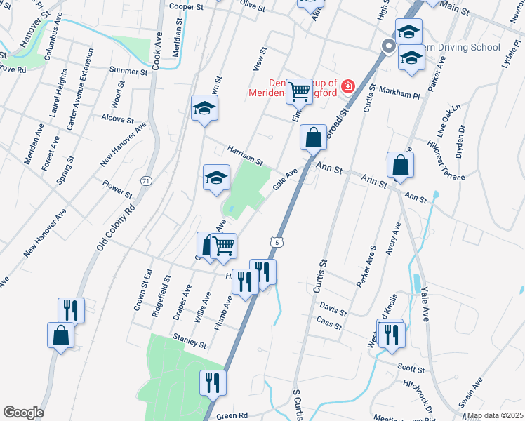 map of restaurants, bars, coffee shops, grocery stores, and more near 110 Gale Avenue in Meriden