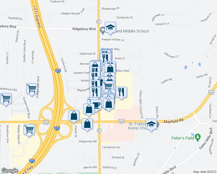 map of restaurants, bars, coffee shops, grocery stores, and more near 1349 SOM Center Road in Mayfield Heights