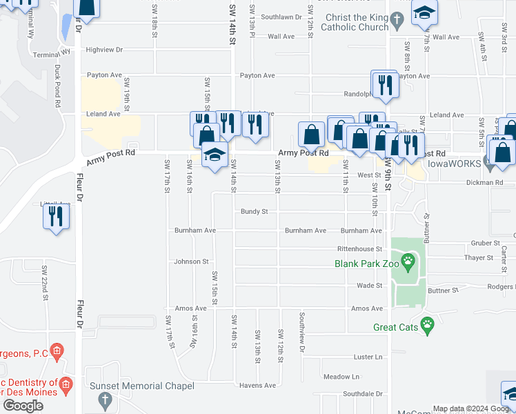 map of restaurants, bars, coffee shops, grocery stores, and more near 1313 Bundy Street in Des Moines