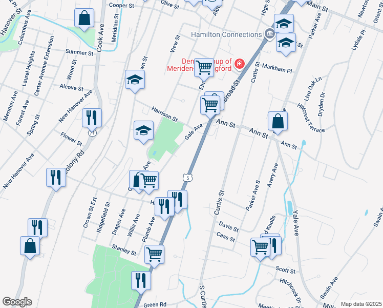 map of restaurants, bars, coffee shops, grocery stores, and more near 96 Broad Street in Meriden
